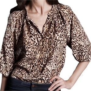 Tucker 100% silk oversized neck tie blouse in leopard animal print
